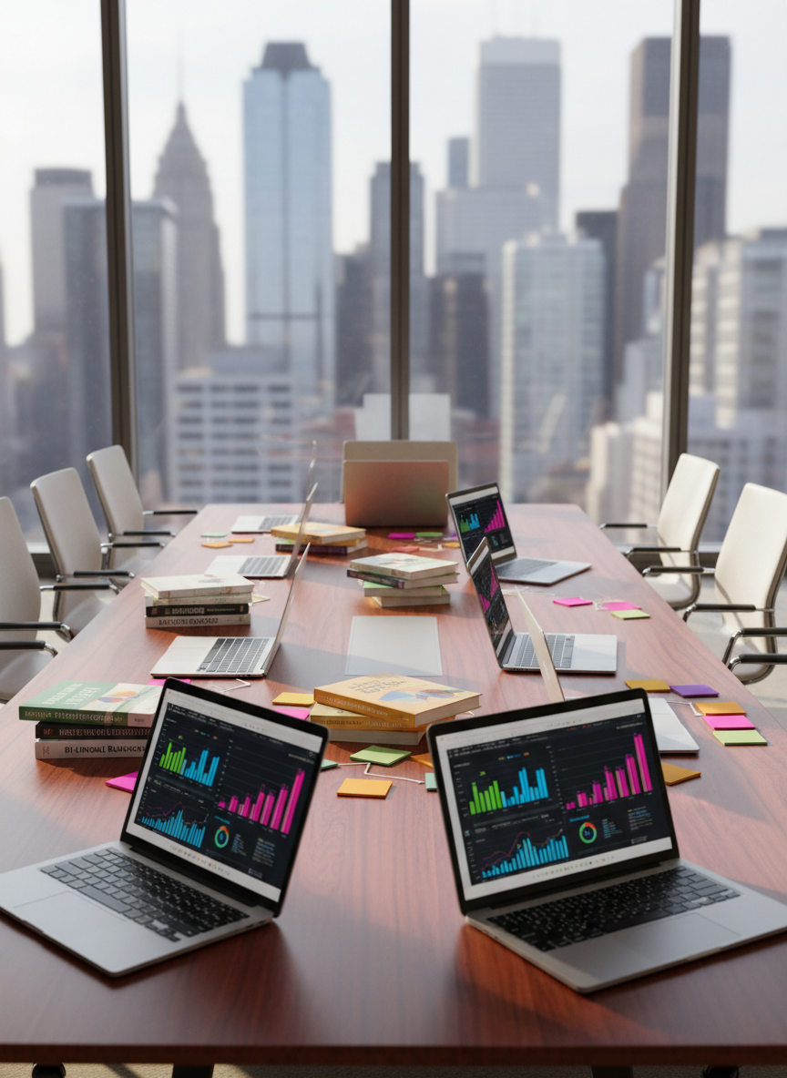 A polished wooden conference table styled as a hub of Latino entrepreneurship, covered with open laptops displaying vibrant charts, neatly stacked business books, and colorful sticky notes arranged in organized clusters. Around the table, sleek modern office chairs are slightly pulled back, suggesting a large, active community without showing people. Floor-to-ceiling windows reveal a blurred city skyline representing US and Canadian markets. Soft afternoon daylight floods the room, creating subtle reflections on laptop screens and gentle shadows on the table. Shot at eye level with photographic realism and sharp focus, the composition uses the rule of thirds to emphasize collaboration and growth resources. The mood is professional, ambitious, and welcoming, ideal for a nationwide Latino business network.