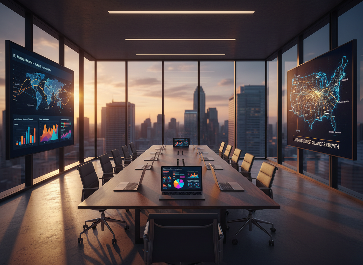 An elegant, photographic shot of a glass-walled boardroom at sunset, with a long table lined by tablets and laptops that display a variety of colorful, abstract infographics about market expansion across the US and Canada. On the far wall, a large digital display shows a stylized map with glowing connection lines linking multiple cities, symbolizing Latino business owners networking nationwide. Golden hour light pours in through tall windows, casting elongated shadows and warm reflections on the polished floor. Captured from one corner at a wide angle using the rule of thirds, the scene feels visionary, strategic, and inclusive, showcasing high-level networking and growth opportunities offered by the group.